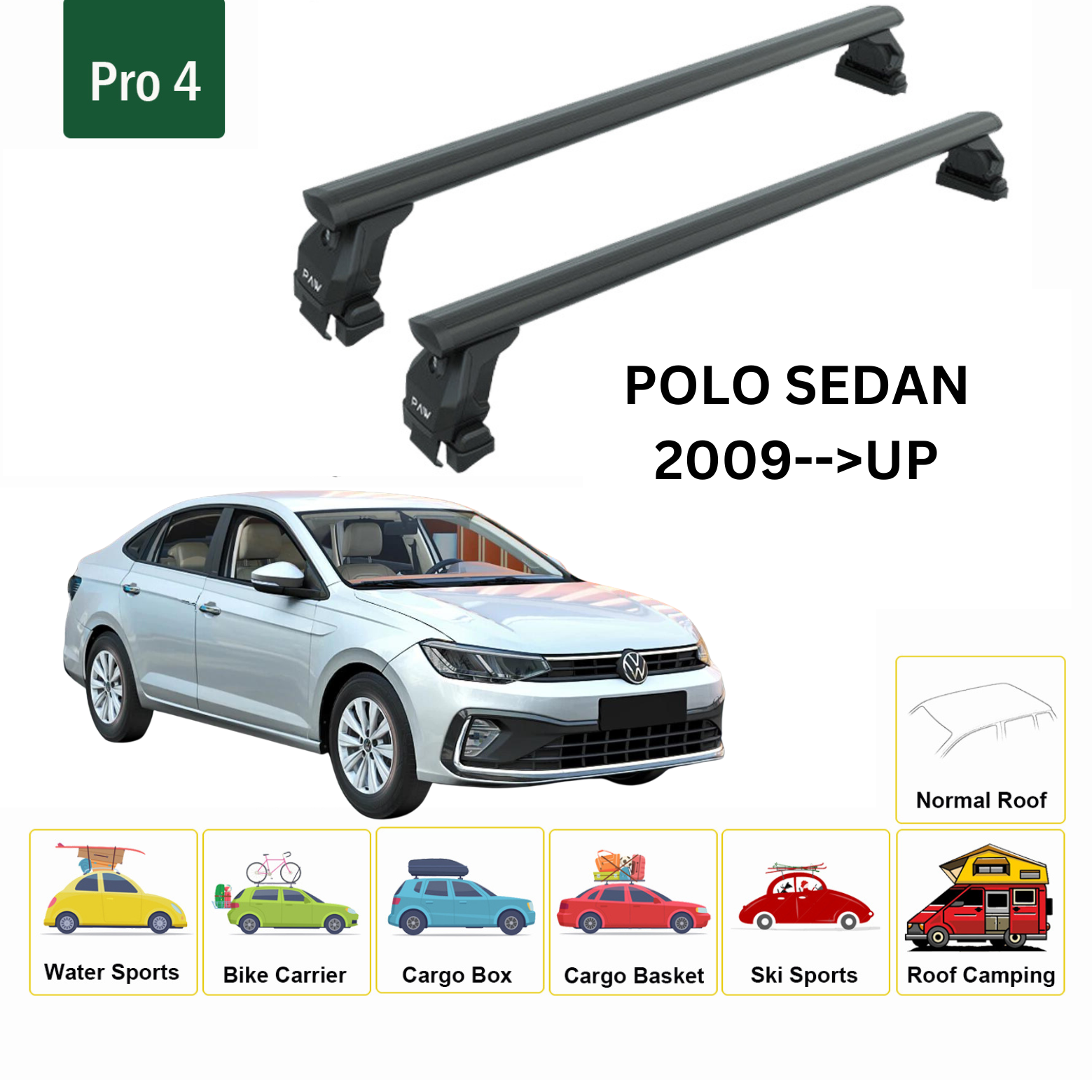 For Volkswagen Polo Sedan 2009-Up Roof Rack Cross Bar Metal Bracket Normal Roof Alu Black For Volkswagen Polo Sedan 2009-Up Roof Rack Cross Bar Metal Bracket Normal Roof Alu Black